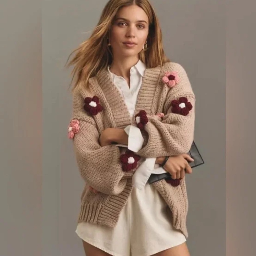 Duchamp Tan Cardigan with Floral Embroidery